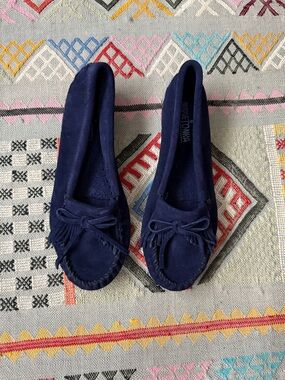 Minnetonka Navy Suede Kiltie Moccasins with Bow